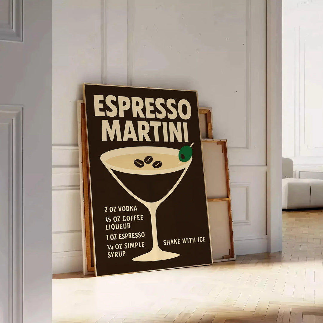 Minimalist illustration of an Espresso Martini cocktail in black and gray