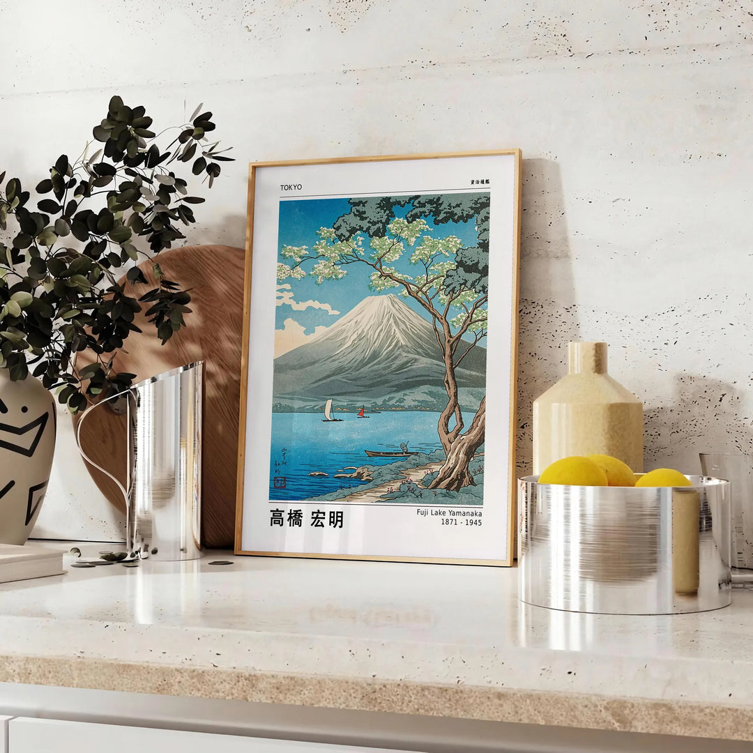 Minimalist illustration of Mount Fuji at Yamanaka in gray and blue tones