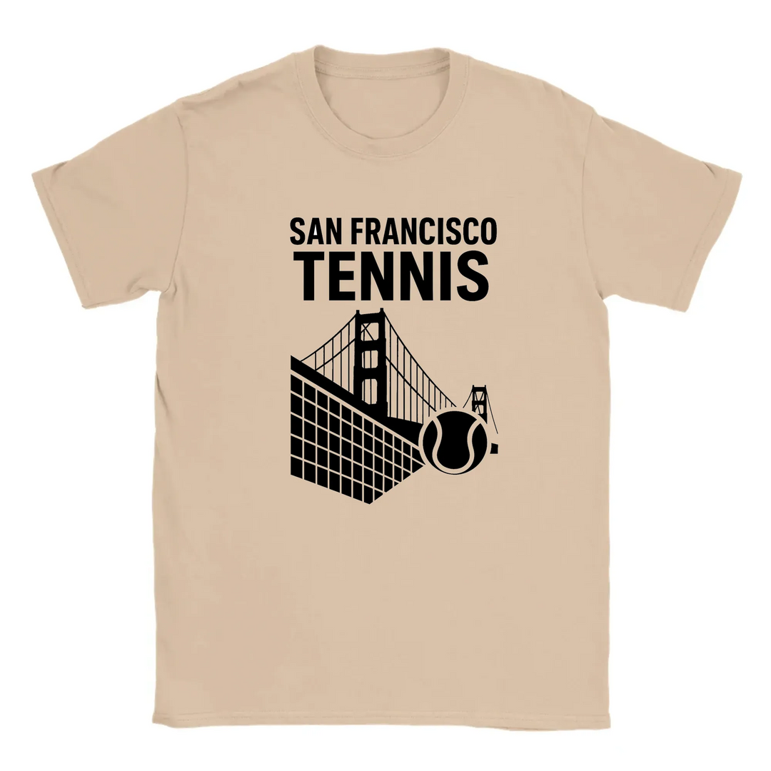 T-shirt featuring a graphic of San Francisco's iconic skyline with tennis elements