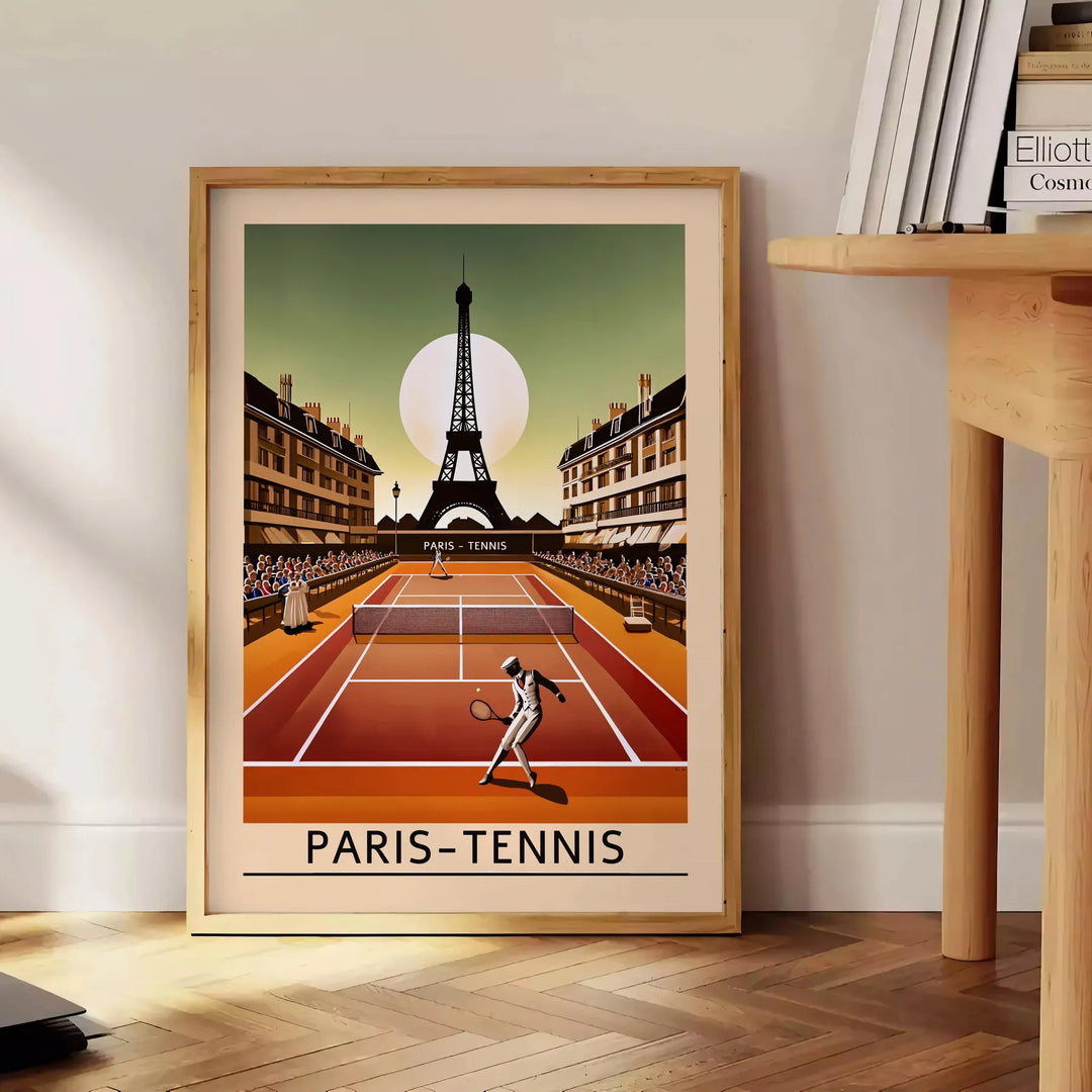 Stylized tennis player in red and black with the Eiffel Tower in the background