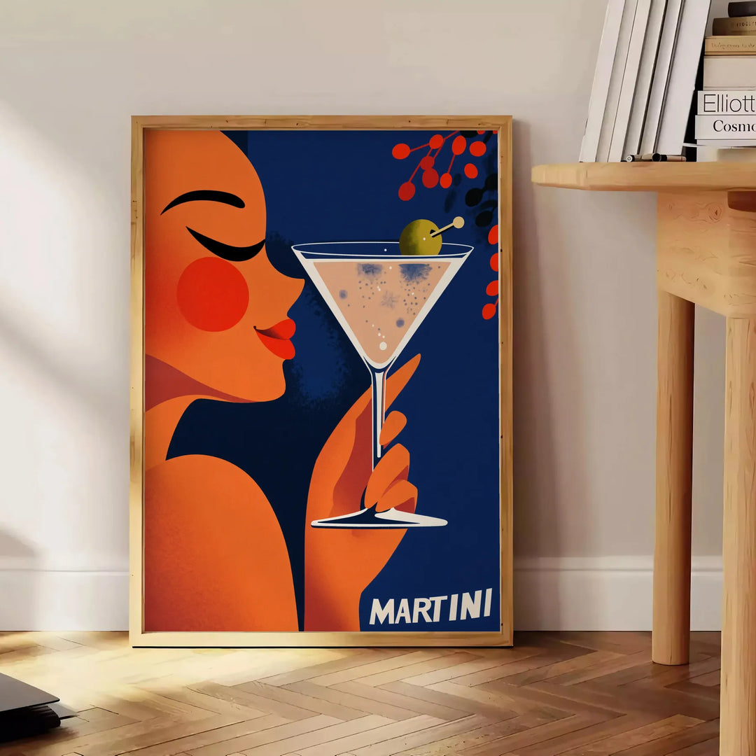 Stylized illustration of a woman holding a martini in orange and green tones