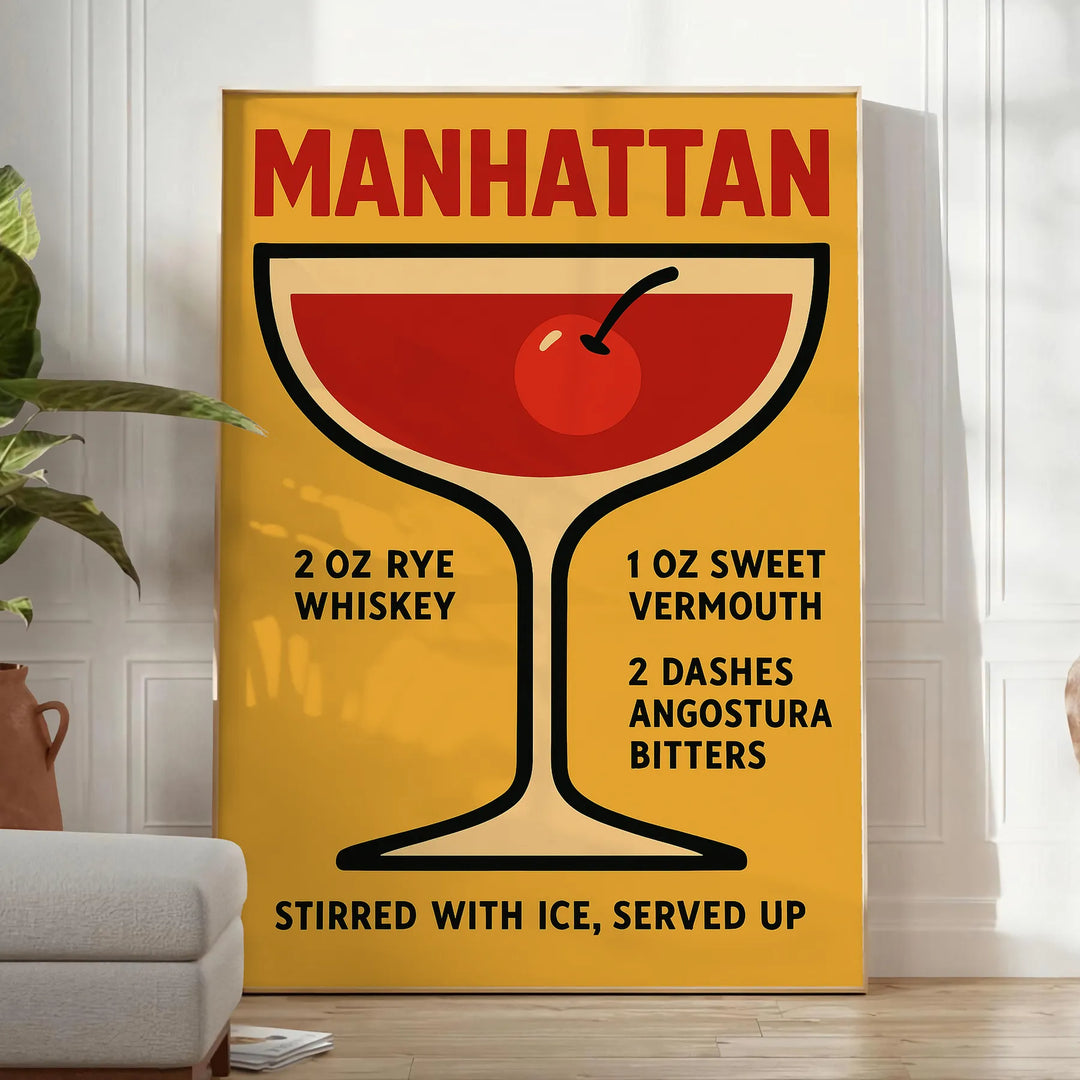 Poster showing minimalist Manhattan cocktail illustration in red and black colors