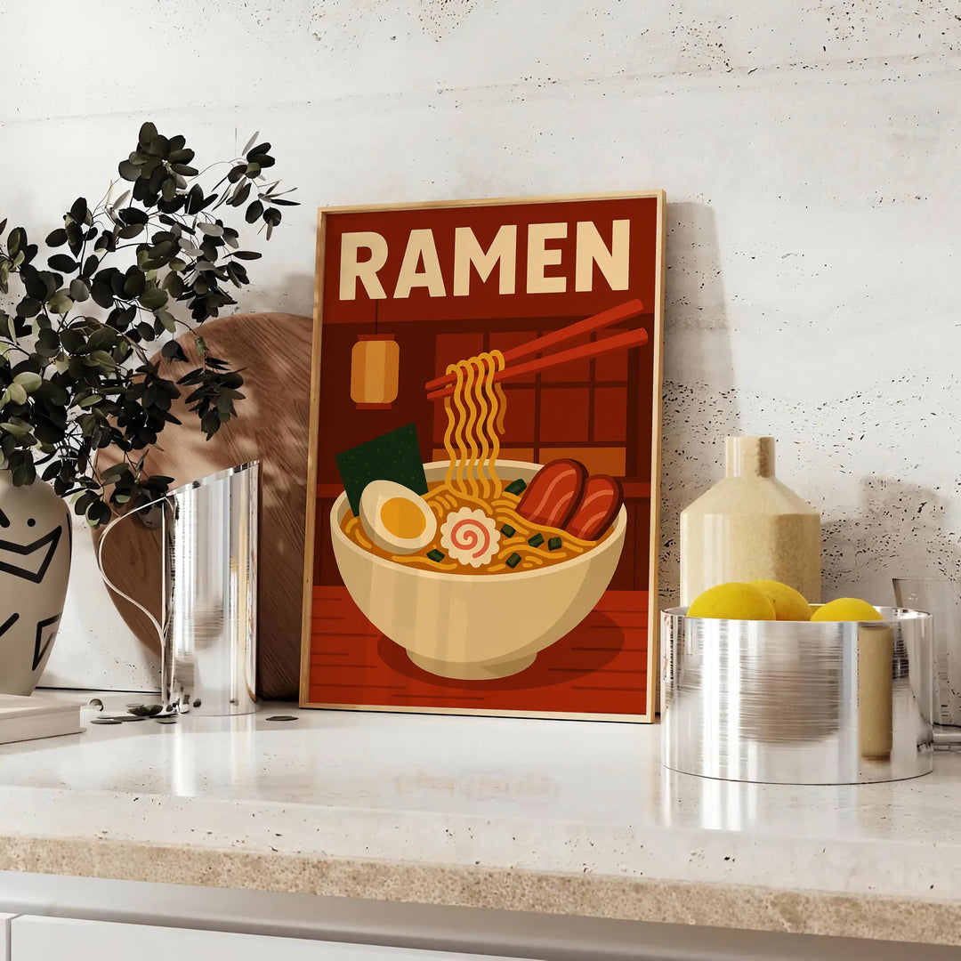 Green and black Japanese ramen kitchen poster, minimalist graphic bowl illustration