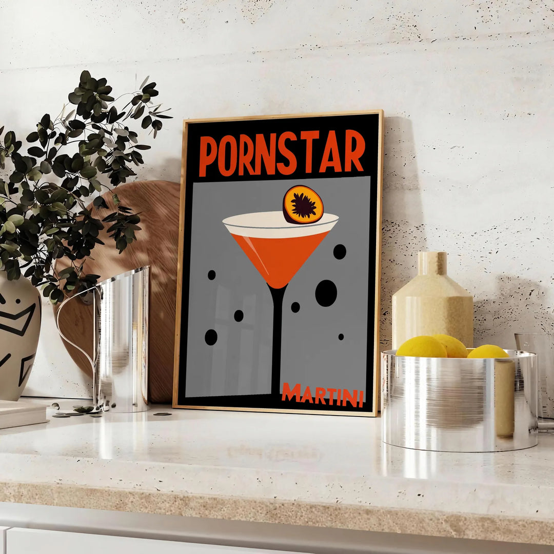 Poster of Pornstar Martini cocktail illustration in red and orange palette