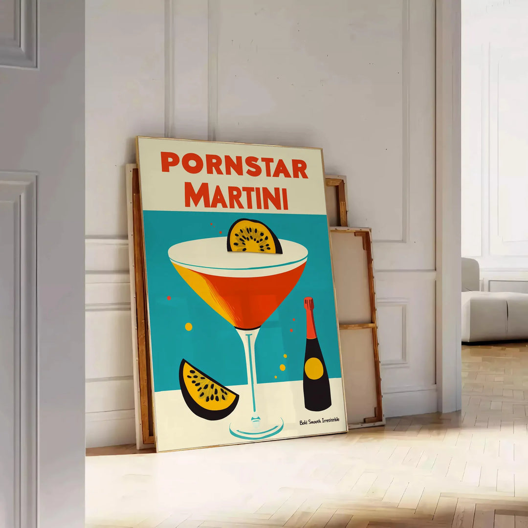 Pop-art style illustration of a Pornstar Martini cocktail in blue and red