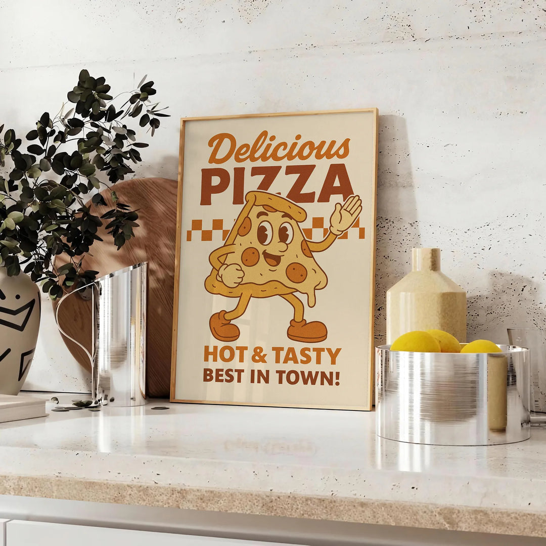 Green and gray retro pizza kitchen poster with illustrated mouthwatering slice