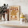 Green and gray retro pizza kitchen poster with illustrated mouthwatering slice