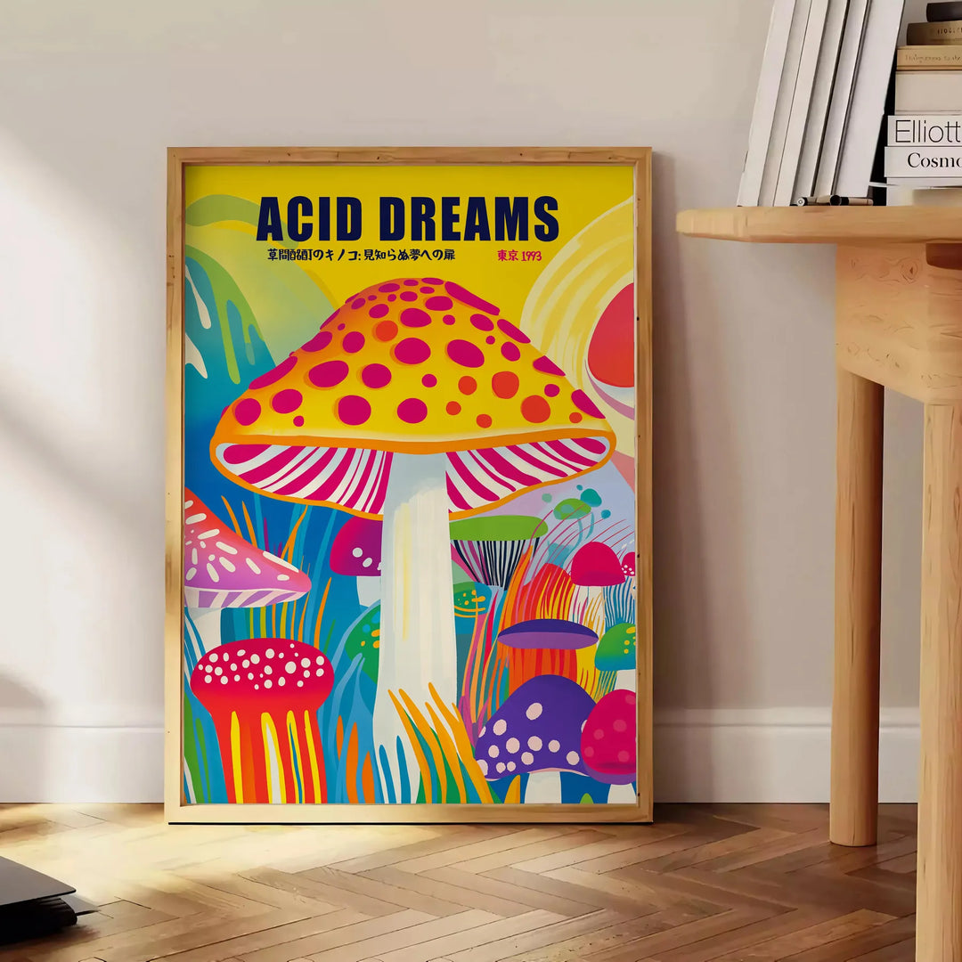 Blue and red mushroom illustration in Japanese-style poster, contemporary print
