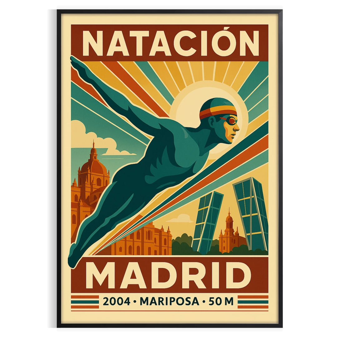 Brown and red stylized Madrid swimming poster with vintage illustration