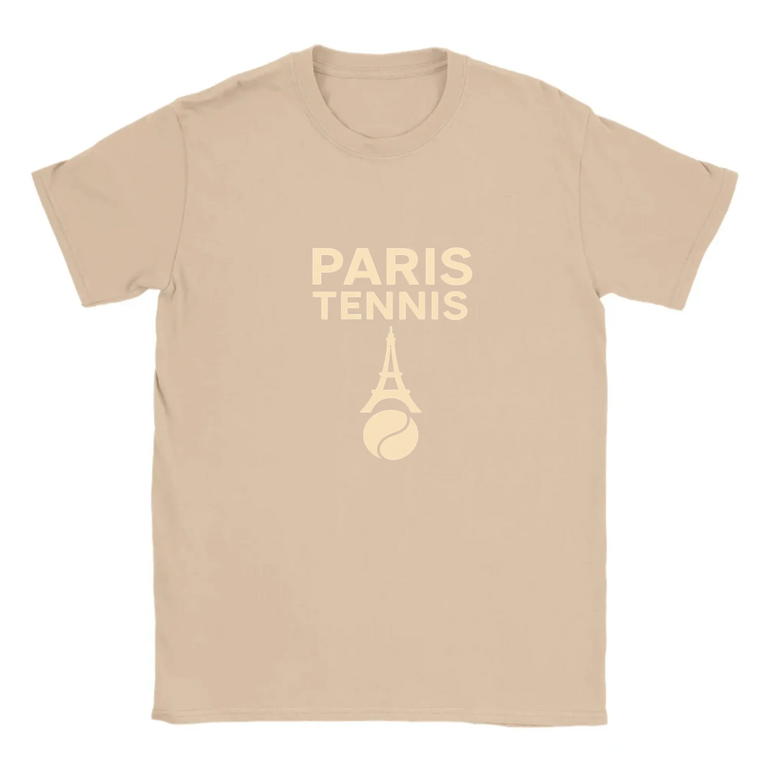 T-shirt featuring a minimalist design of the Eiffel Tower and a tennis racket
