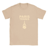 T-shirt featuring a minimalist design of the Eiffel Tower and a tennis racket