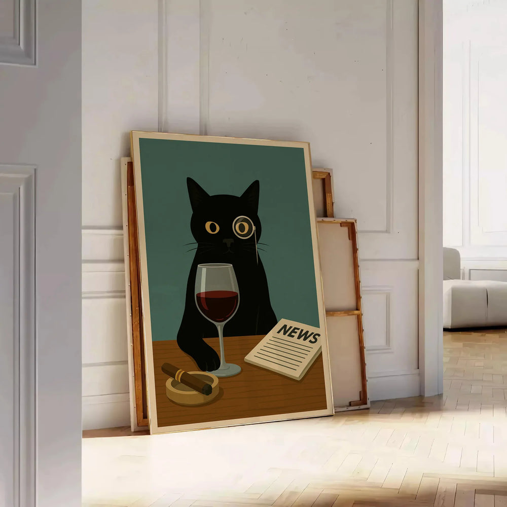 Illustration of a cat reading a newspaper while sipping wine, with green hues