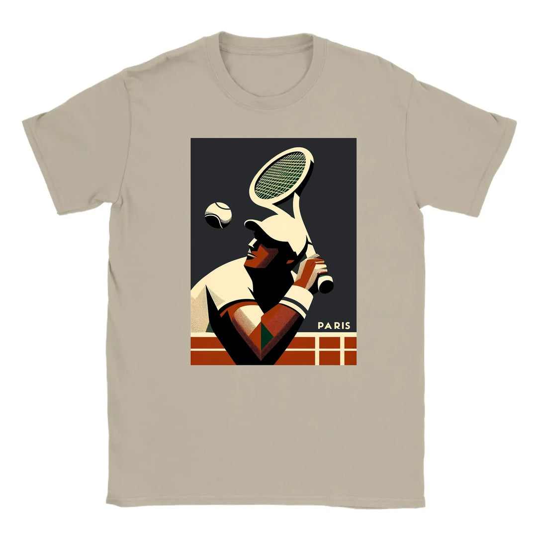 T-shirt featuring a graphic design of tennis elements and Paris landmarks