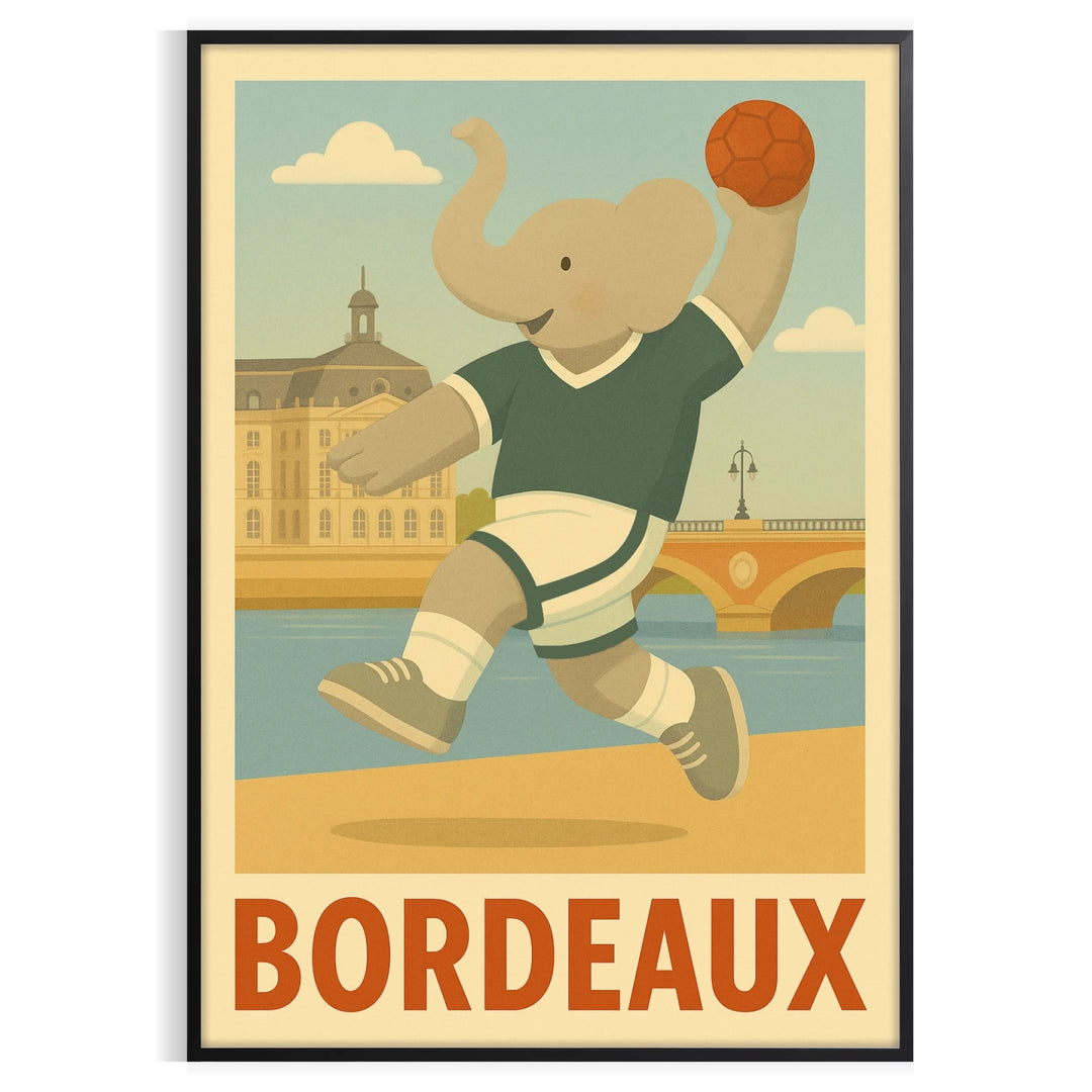 Playful kids handball elephant illustration poster in bordeaux, gray and green
