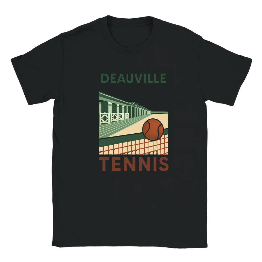 T-shirt featuring a graphic of tennis rackets and balls with Deauville text