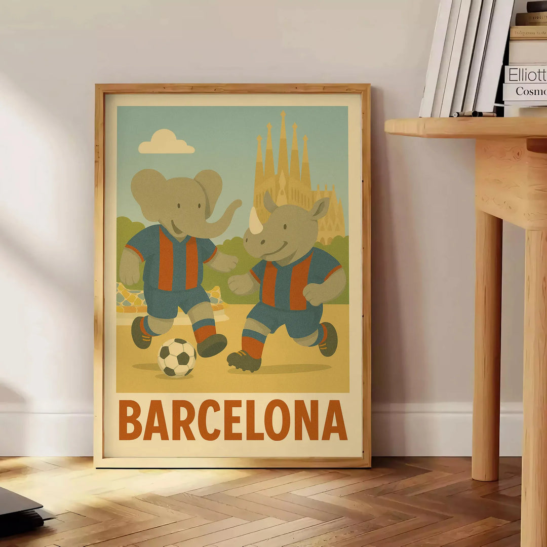 Playful elephant and rhino in Barcelona football theme, gray and green colors