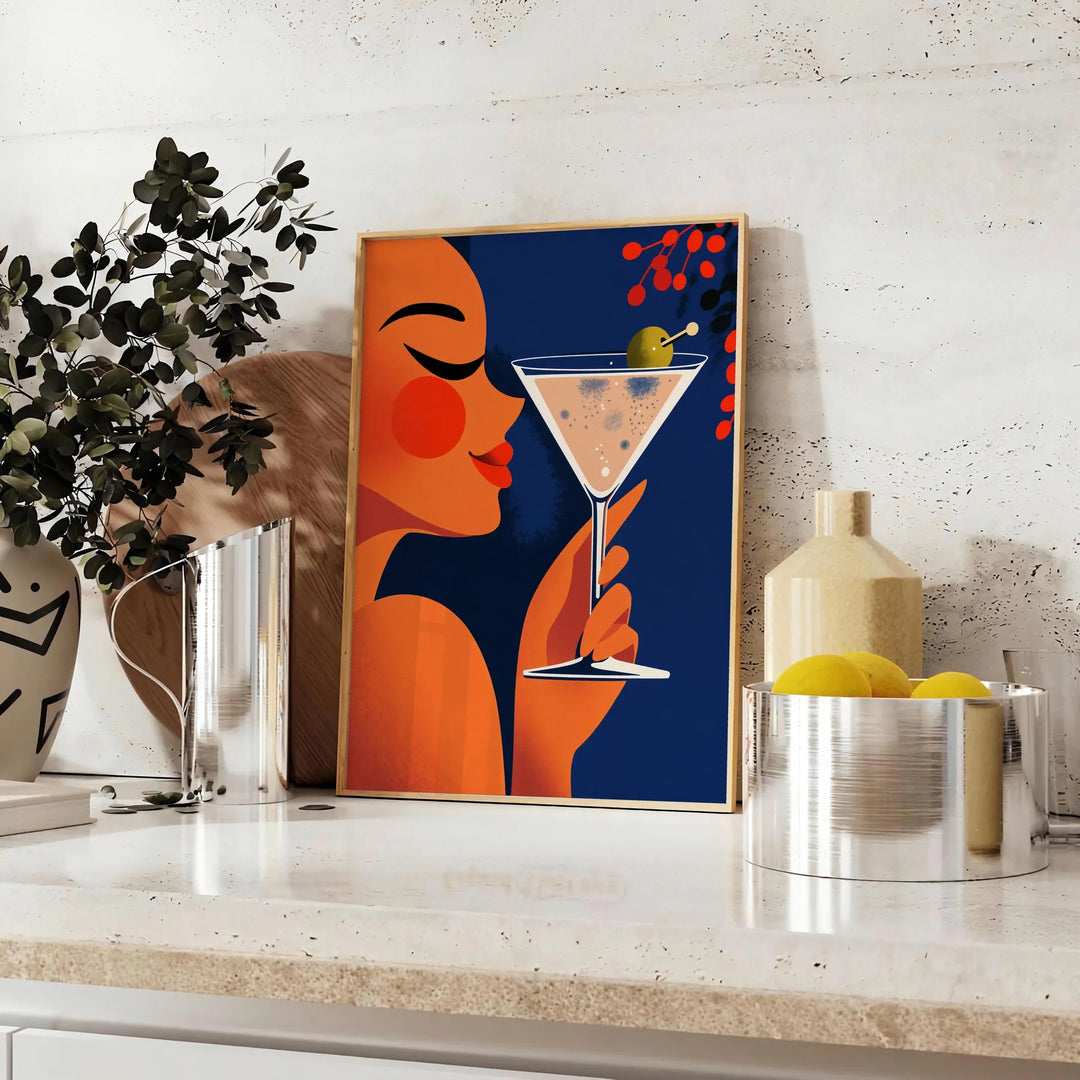 Plakāts Femme Martini, stilizēta sieviete ar martini oranžā un zaļā