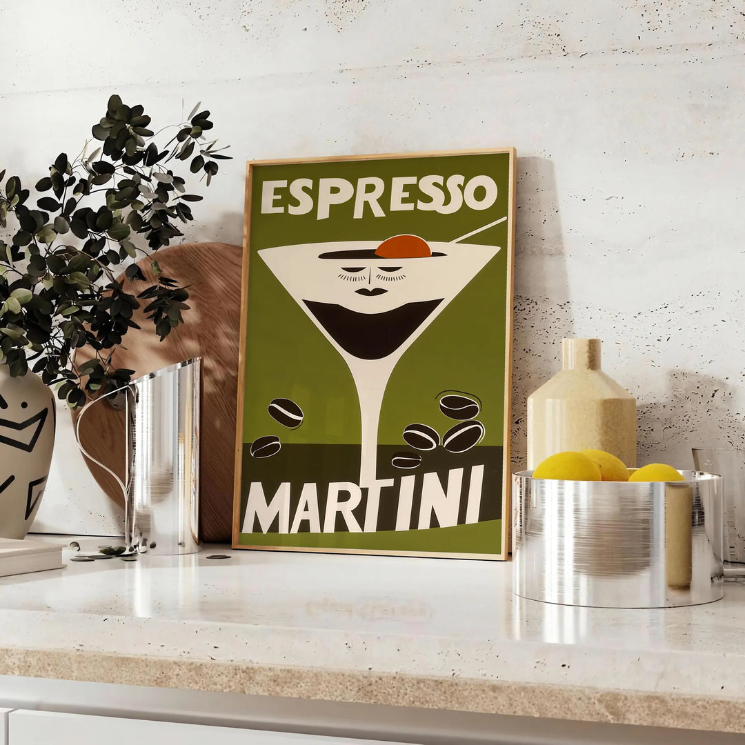 Illustrazione di un cocktail Espresso Martini in colori arancione e verde