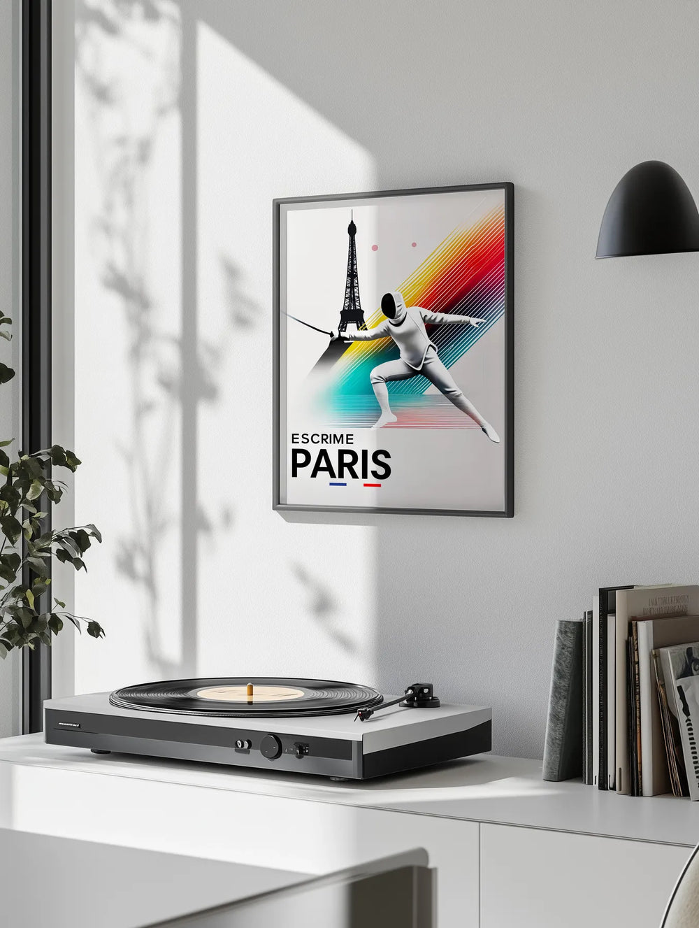 Poster showing dynamic fencing illustration in minimalist modern Paris style