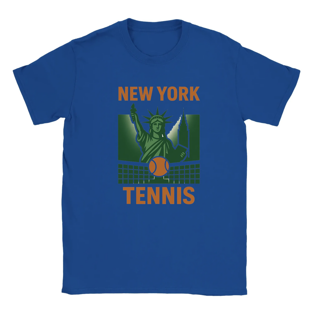 T-shirt featuring a graphic of tennis rackets and balls with New York text