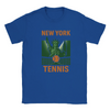 T-shirt featuring a graphic of tennis rackets and balls with New York text