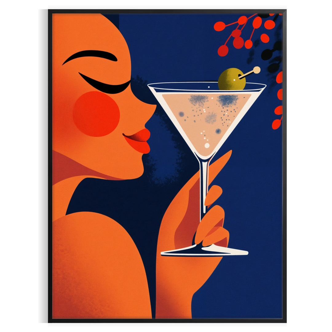 Femme Martini poster, stylized woman holding cocktail in orange and green