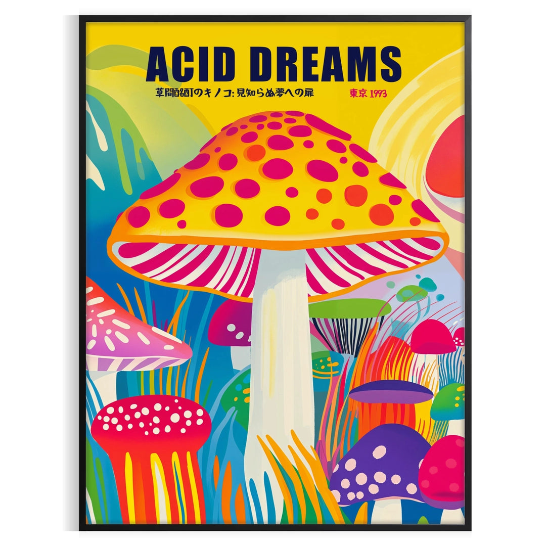 Blue and red mushroom illustration in Japanese-style poster, contemporary print