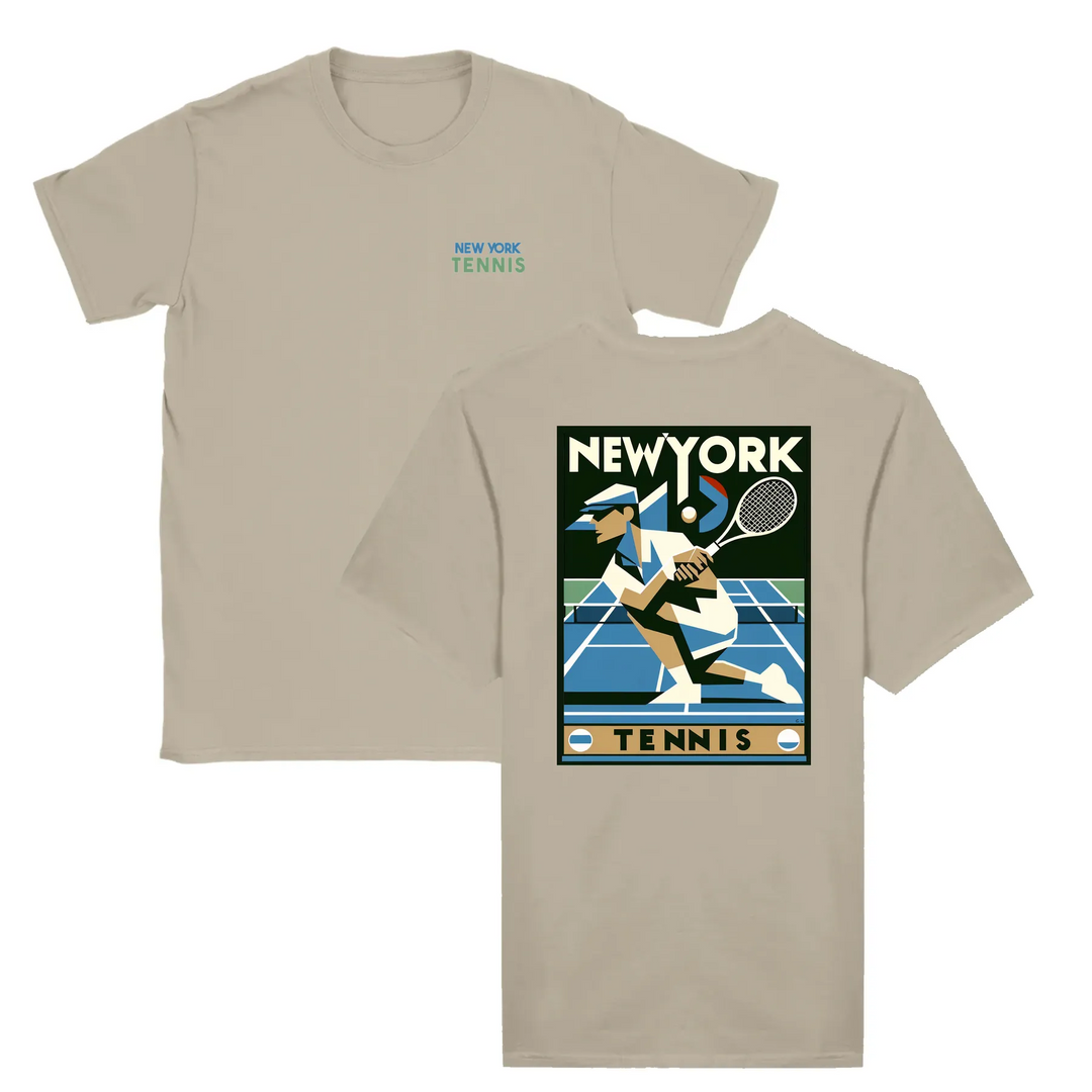 T-shirt featuring a graphic of a tennis player in action against a New York skyline
