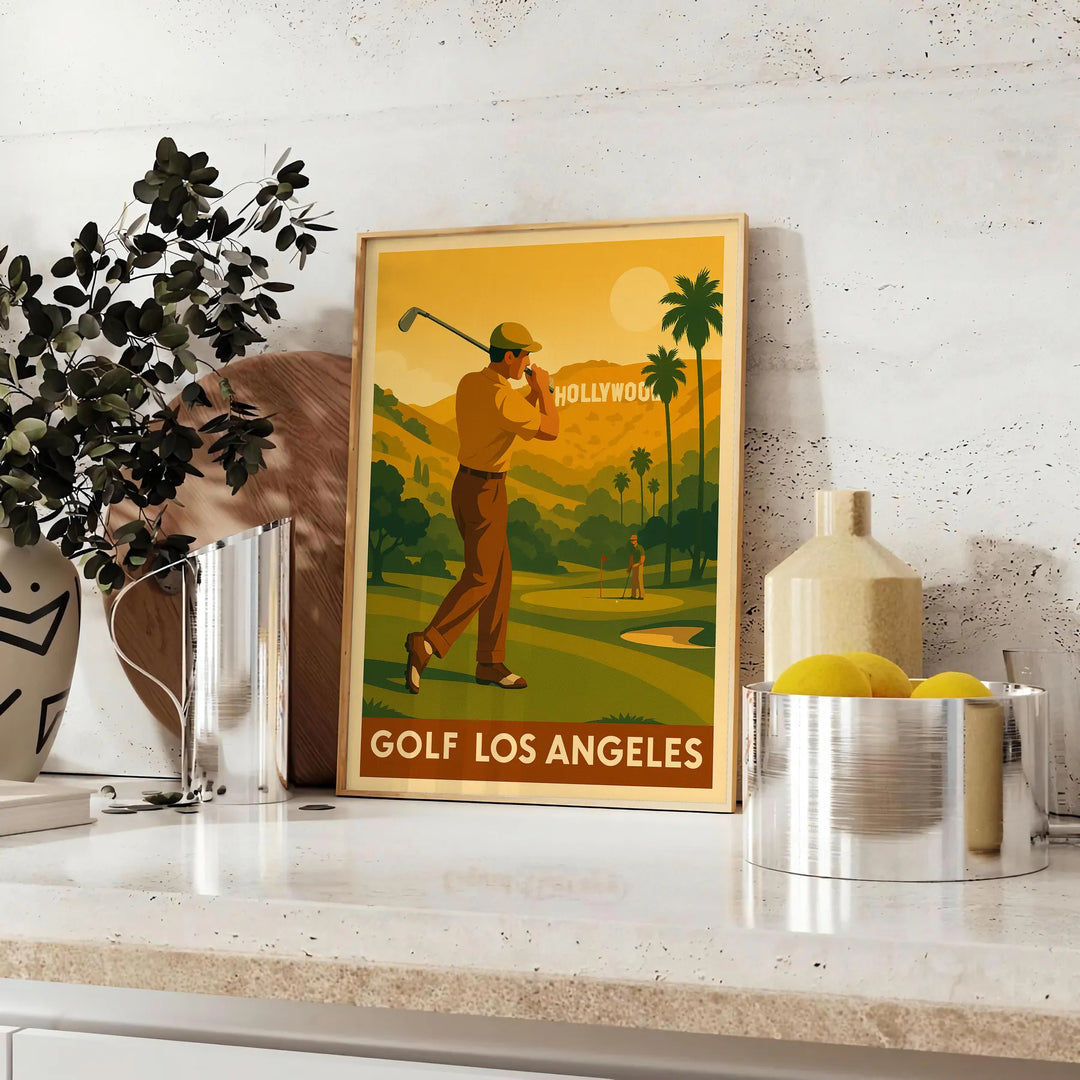 Vintage golf poster depicting Los Angeles landscape in brown and green