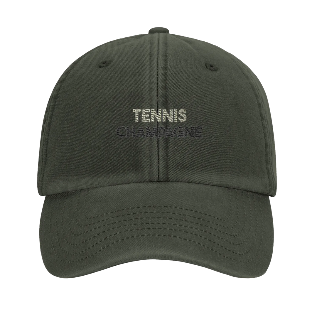 Embroidered cap featuring a vintage tennis champagne design