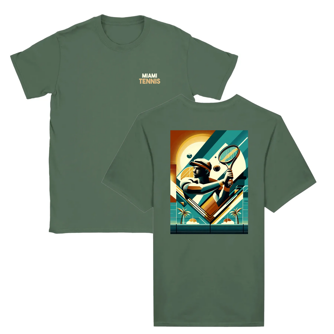 T-shirt featuring a graphic of a tennis player in action against a Miami skyline