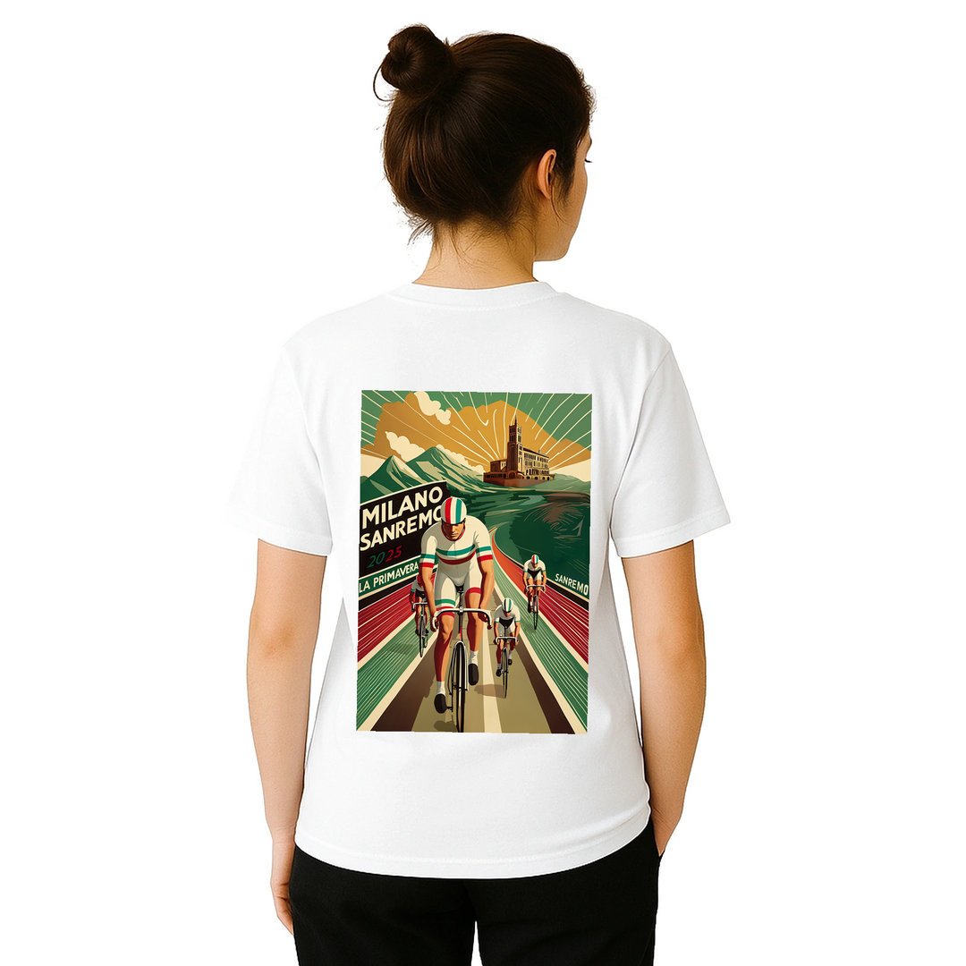 T-shirt featuring a graphic of the Milano–Sanremo cycling race
