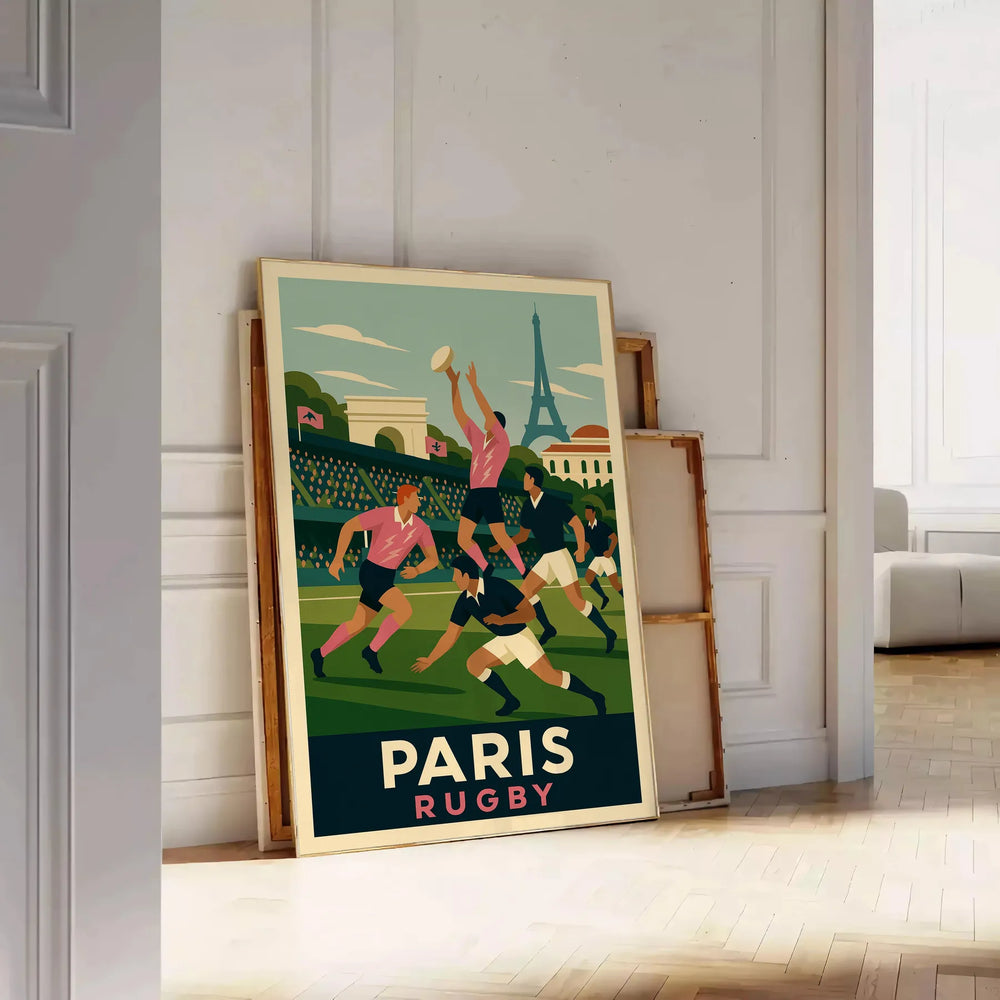 Vintage Art Deco poster of rugby scene in Paris, decorative print