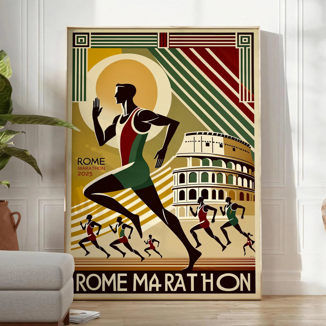 Brown and green Rome Marathon poster showing stylized runners and skyline