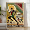 Brown and green Rome Marathon poster showing stylized runners and skyline