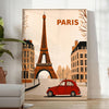 Orange and red 2CV Citroën art poster, retro Paris street scene