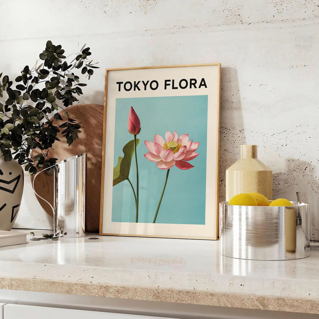 Vintage-style Tokyo flora botanical poster with green and blue tones