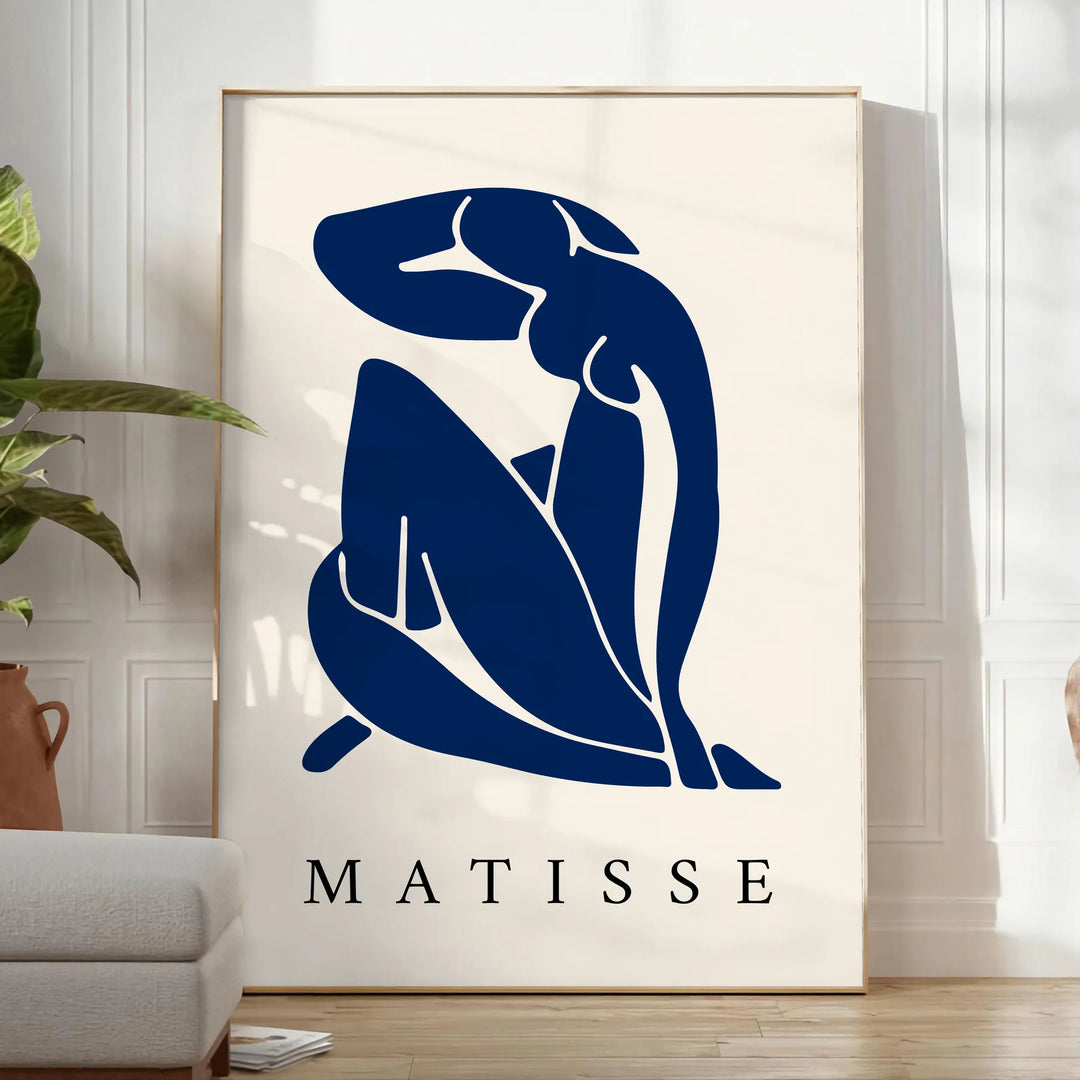 Abstract blue figure on a white and gray background in Matisse's Blue Nude II