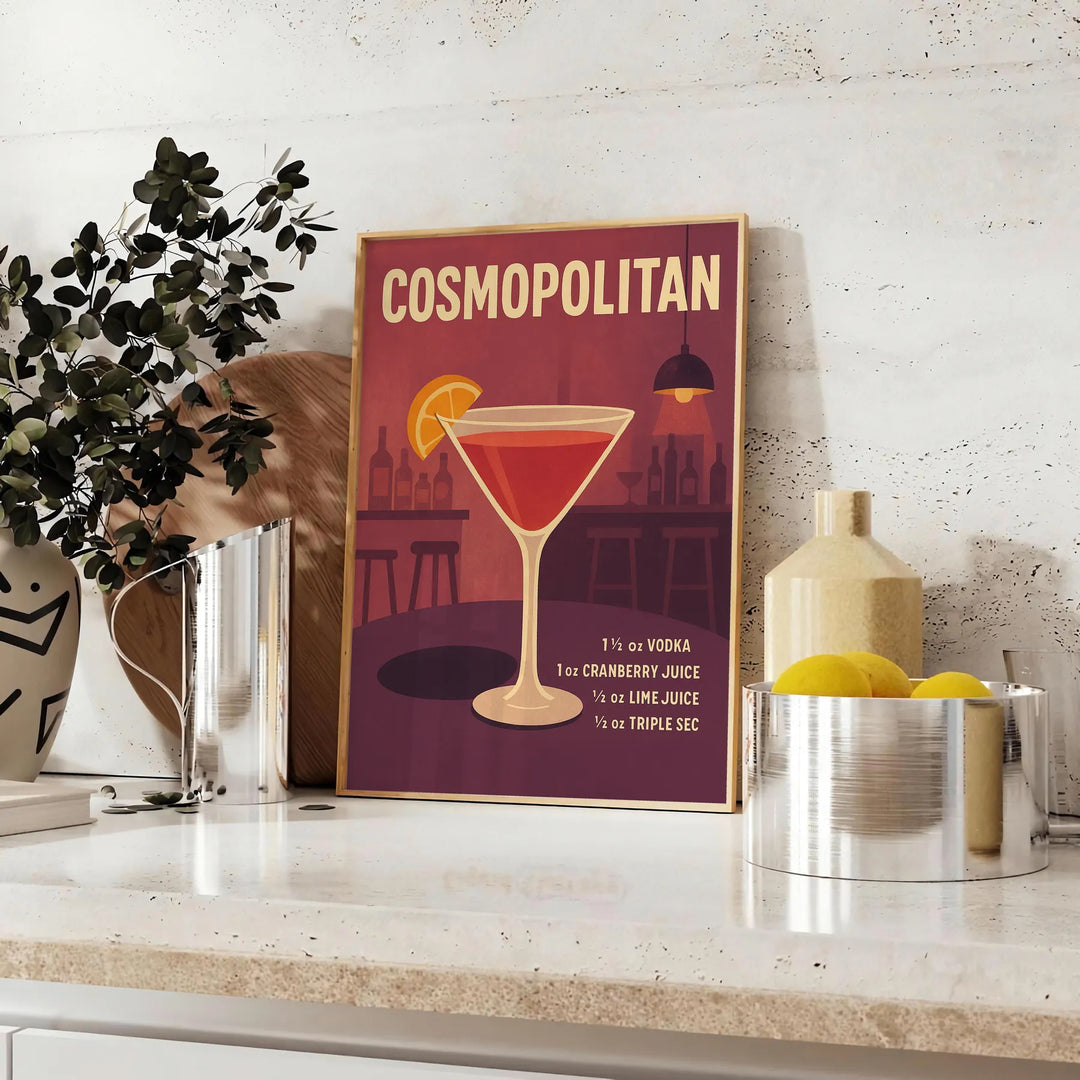 Stylized Cosmopolitan cocktail glass with orange and brown hues