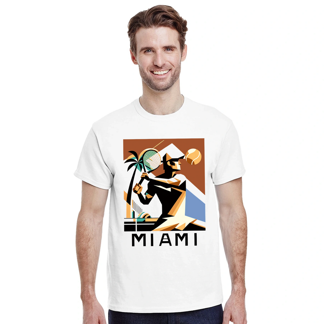T-shirt featuring a tennis player in action against a Miami skyline