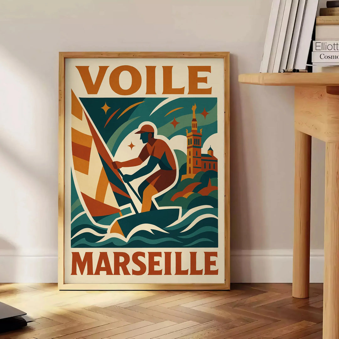 Minimalistisches Poster eines Segelboots in Marseille mit Blau- und Grüntönen