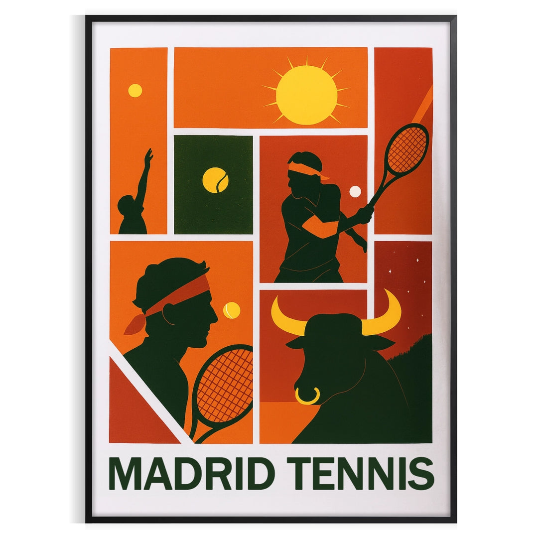 Poster of Rafa in Madrid, dynamic black and green tennis artwork