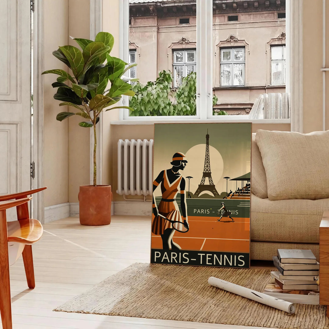 Black and gray minimalist Paris tennis poster with modern graphic design
