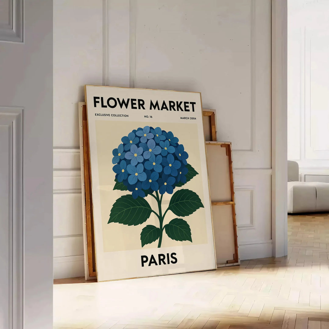 Vintage illustration of a botanical flower market in Paris with blue and gray tones