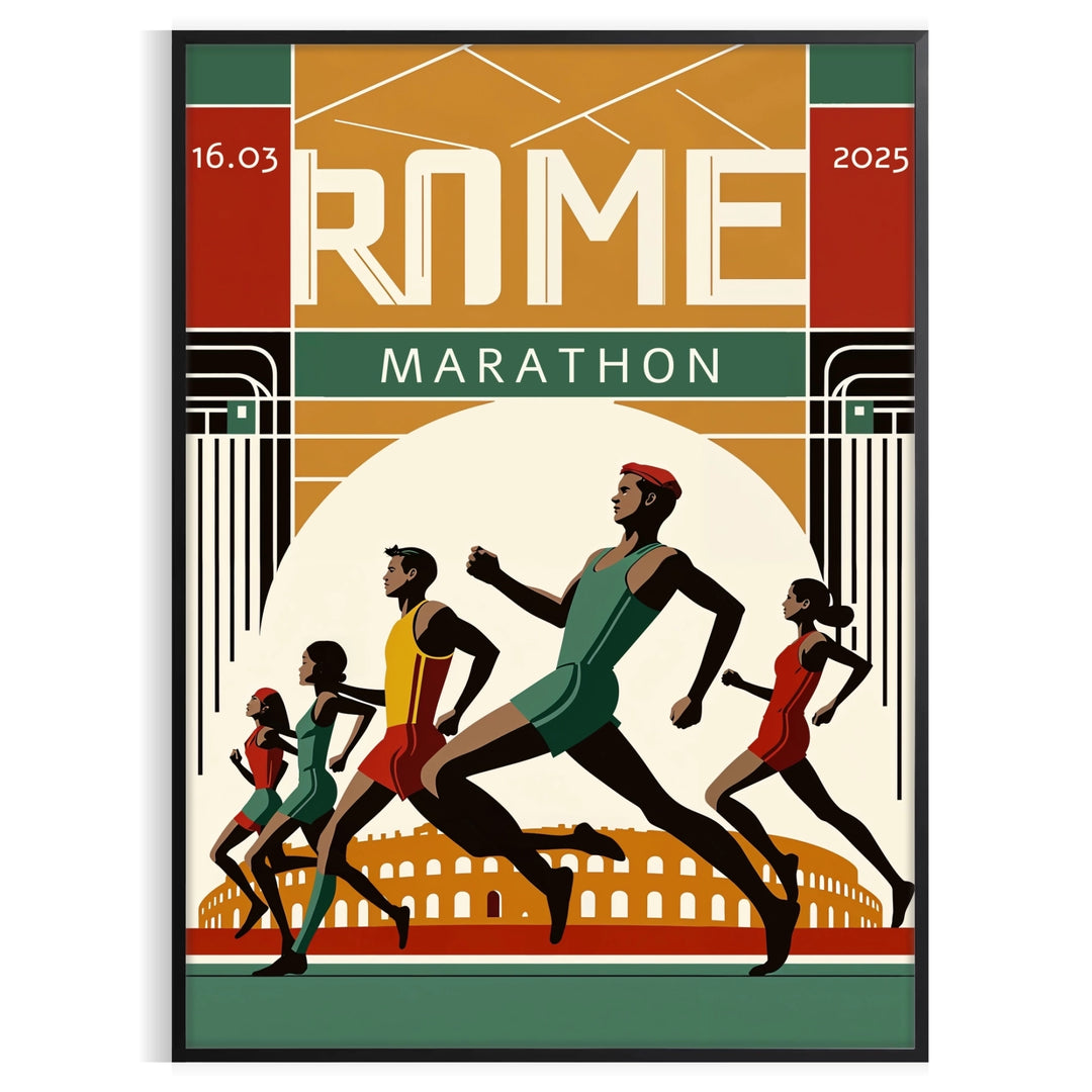 Dynamic illustration of runners in the Rome Marathon with green and white accents