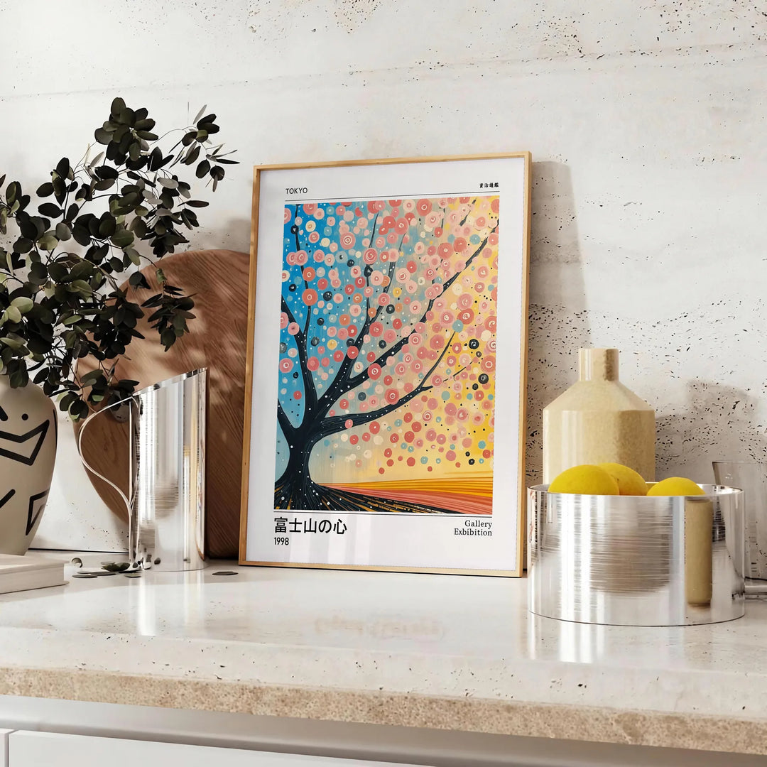 Illustration of a cherry tree in bloom with pink flowers against a blue sky