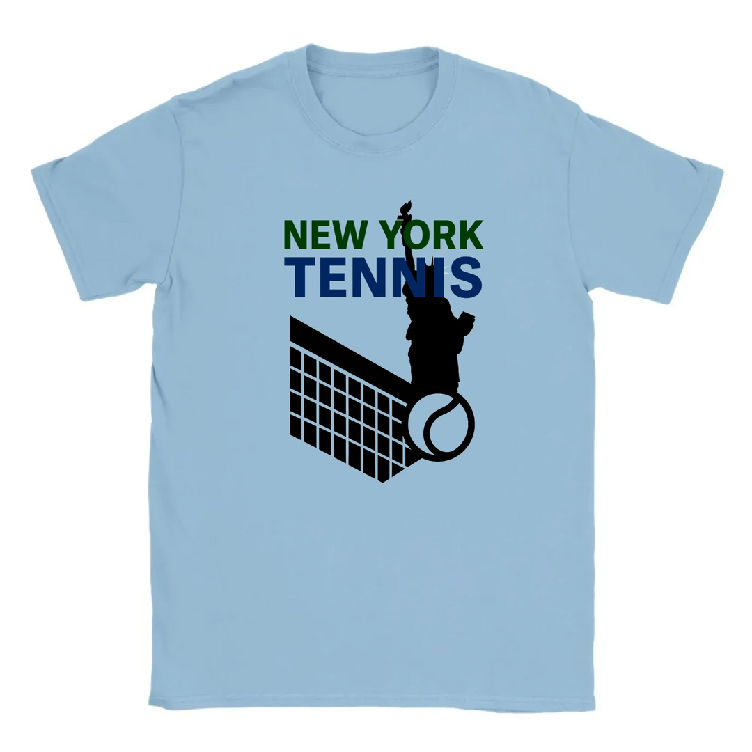 T-shirt featuring a graphic of tennis rackets and a ball with New York text