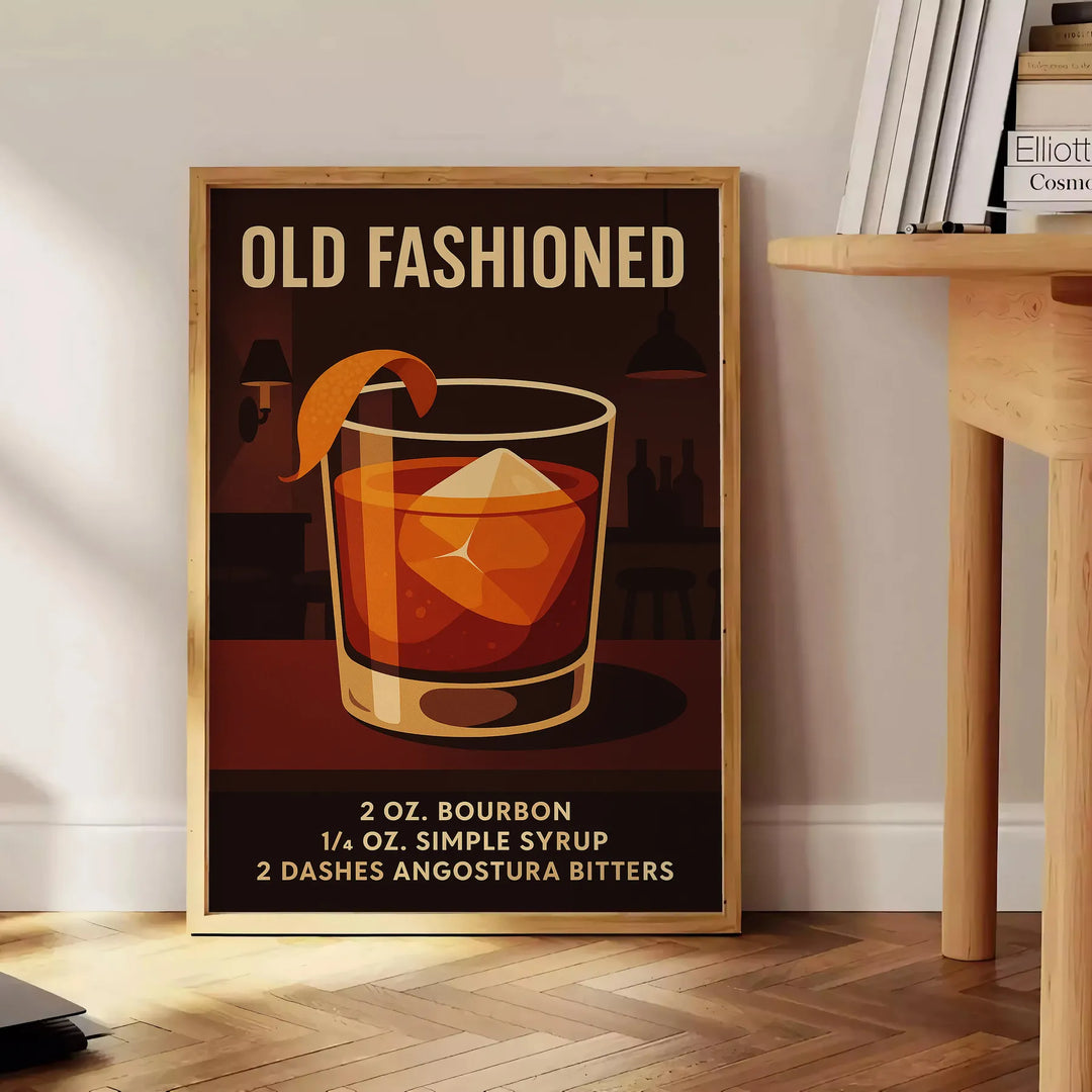 Black and gray poster of an Old Fashioned cocktail illustration