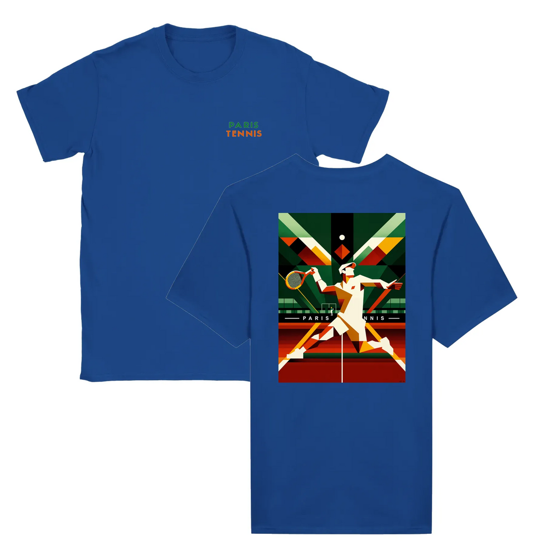 T-shirt featuring a graphic of tennis rackets and a ball with Paris skyline