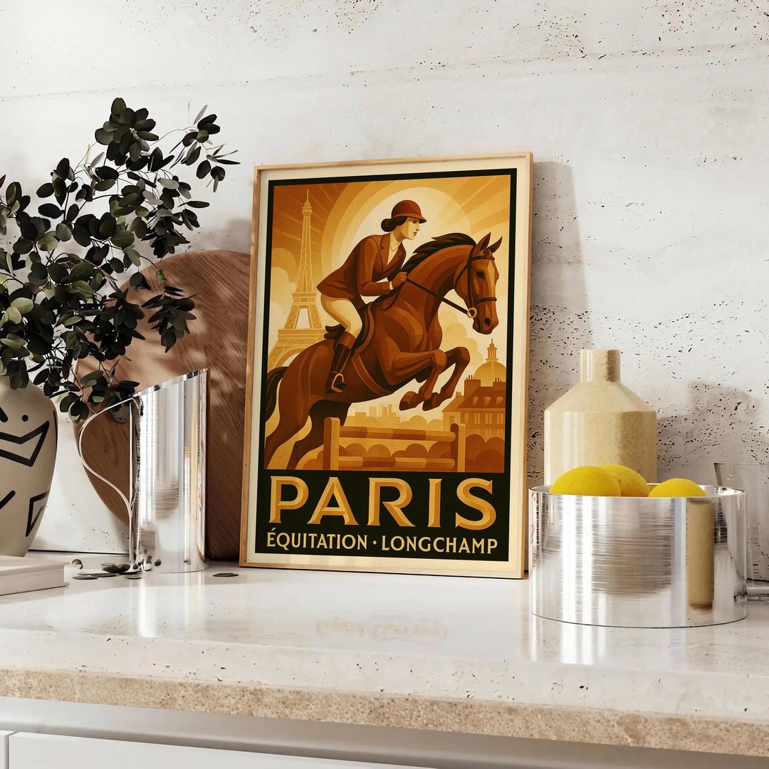 Silueta minimalista de un caballo sobre fondo negro y marrón, tema París